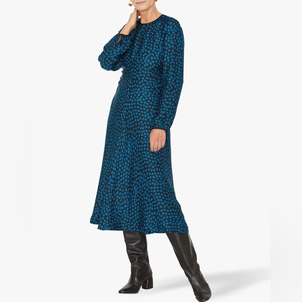 Jigsaw Cheetah Spot Ruched Midi Dress Long Sleeve Polka Dot US 4